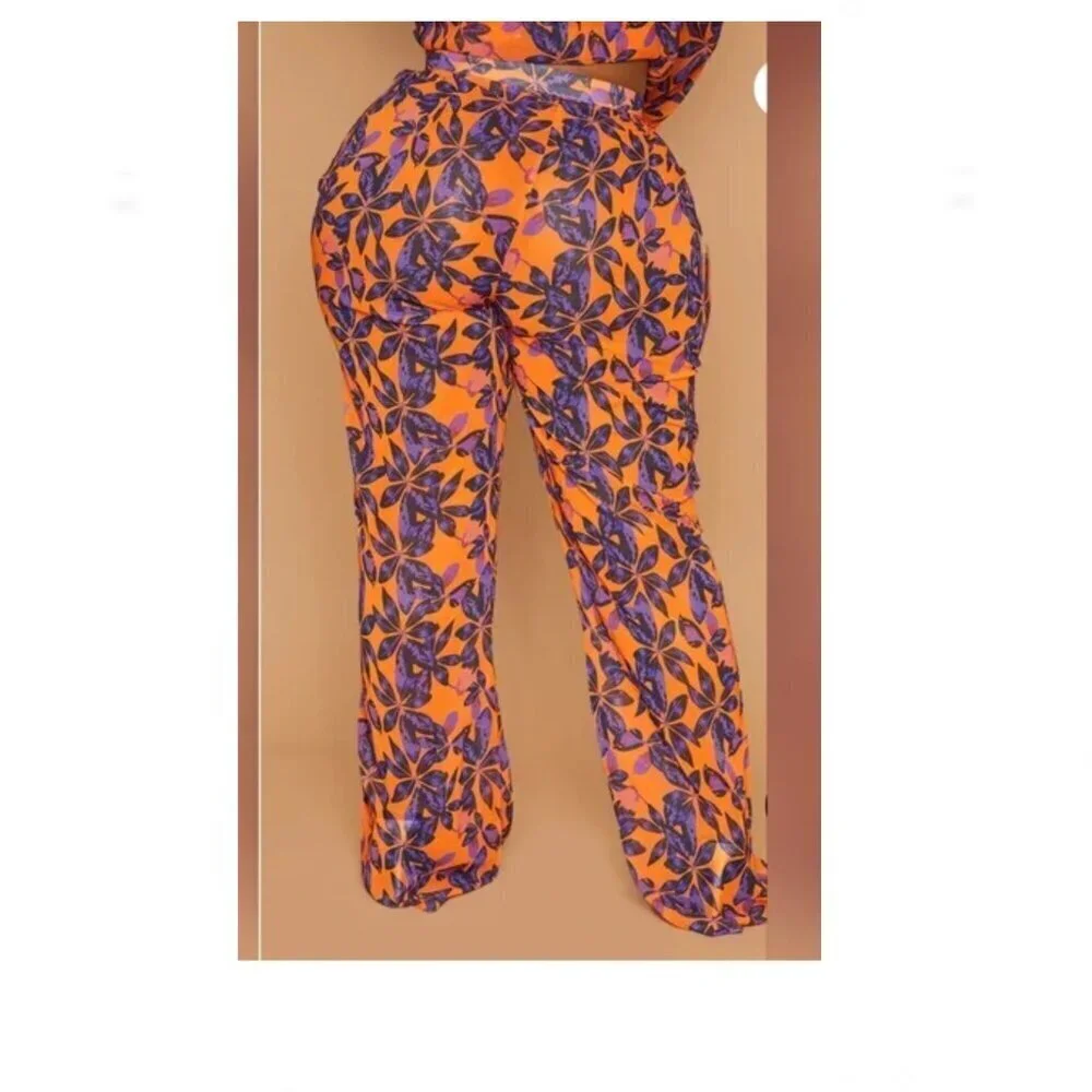 PrettyLittleThing NWT Plus Orange Print Beach Flares Size 24 Semi Sheer - Picture 3 of 4